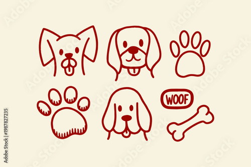 Cute hand drawn dog icons and paw prints with illustration domestic companion adorable friendly whimsical collection minimalist
