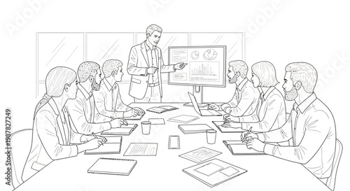 Business meeting presentation with charts and graphs, team discussion in office