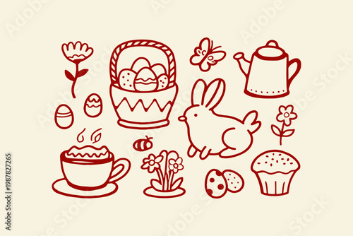 Easter celebration hand drawn icons featuring bunny coffee cake celebration butterfly illustration whimsical seasonal traditional isolated background adorable collection