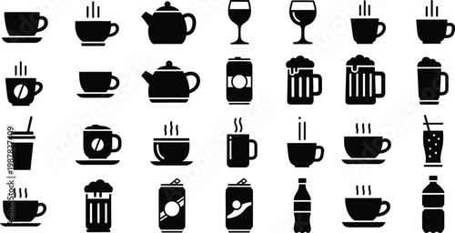 Foto Black silhouettes of various hot and cold drink containers drink beverage symbol