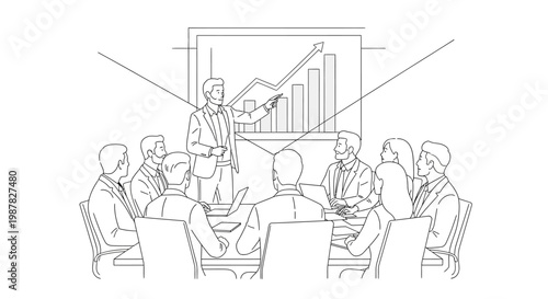 Business meeting presentation with growing chart, teamwork and strategy