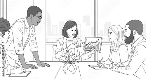 Diverse business team in meeting, discussing financial graph on tablet