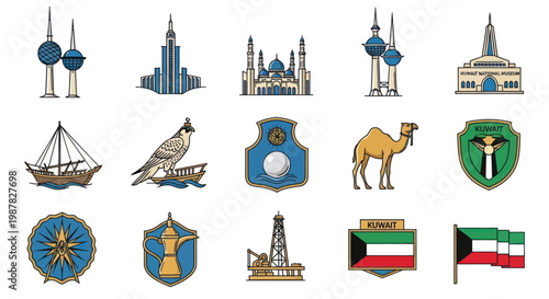 Kuwait Landmarks and Symbols Collection: Towers, Mosque, Dhow, Falcon, Camel, Oil Rig, Flags