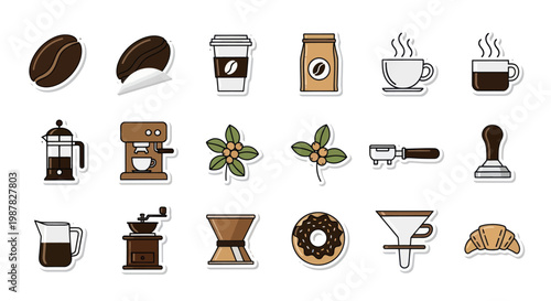 Coffee Icons Set: Beans, Drinks, Machines, Pastries, and Brewing Tools