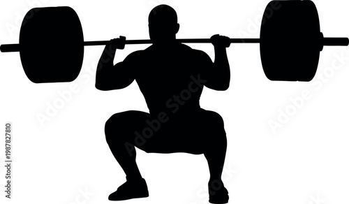 Vector illustration of a strong muscular man doing a heavy barbell back squat exercise in black silhouette on white background.