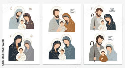Modern Nativity Scene Art Set: Holy Family Icons with Baby Jesus, Mary, Joseph