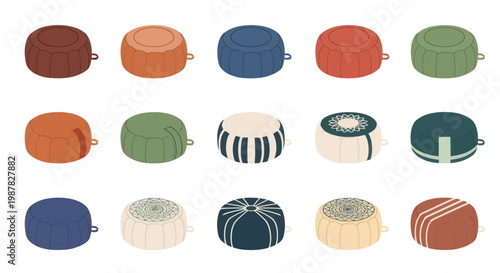 Collection of Round Poufs and Ottomans in Various Colors and Patterns