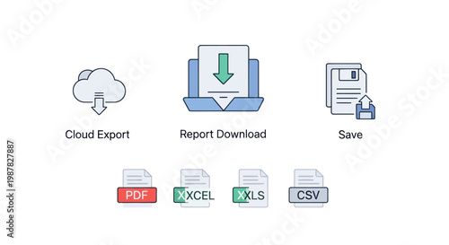 Cloud Export, Report Download, Save icons and file formats PDF, Excel, CSV on white background