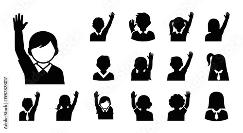 Diverse Children Silhouettes Raising Hands for Questions or Answers in Classroom
