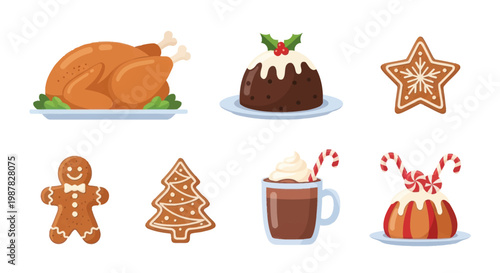 Christmas Food Icons: Turkey, Pudding, Gingerbread, Hot Chocolate, Candy Canes