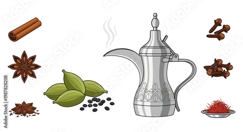 Arabic Coffee Pot with Spices: Cinnamon, Star Anise, Cardamom, Cloves, Saffron