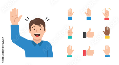 Man waving hello, collection of hands showing gestures and signs, vector illustration