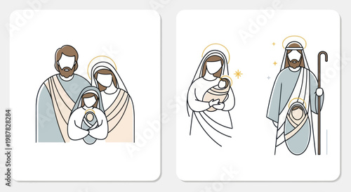 Nativity Scene Family Illustration with Baby Jesus, Mary, and Joseph - Minimalist Style
