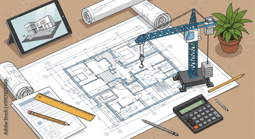 Architectural Blueprint and Construction Elements.