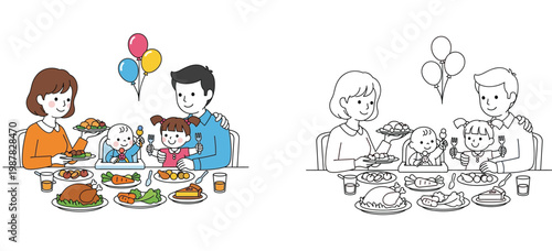 Cute cartoon red chili pepper character dancing with maracas vector illustration, includes black and white coloring book page version for children.