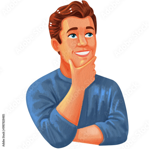 a smiling man, his right hand is supporting his chin