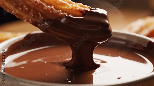 Sweet churro dipped in warm melted chocolate sauce