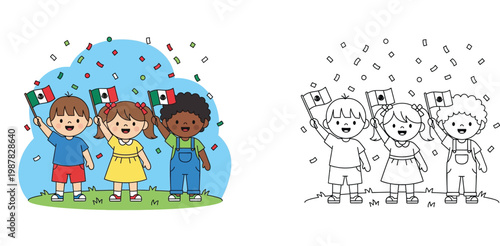 Set of colorful and coloring page illustrations featuring diverse children waving Mexican flags during a festive celebration with confetti, ideal for Cinco de Mayo or Independence Day.