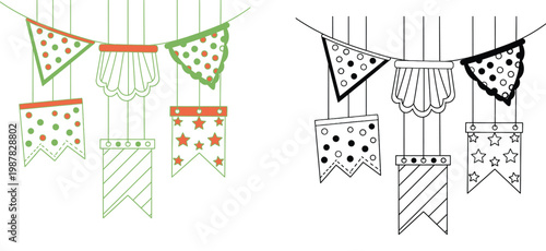  Festive party bunting and garland flags set with stars, dots, and stripes patterns. Includes colored and black and white line art version for children's coloring book and decorations.