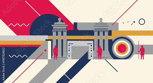 Stylized illustration of a gate with figures and geometric shapes