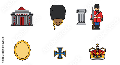 Illustrative icons of british landmarks royalty and traditional guard