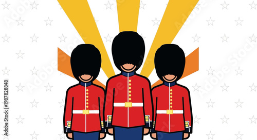 Three british guardsmen stand in formation against a starburst background