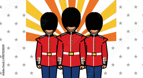 Three british guardsmen stand in formation against a starburst background