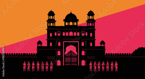 Silhouette of an indian palace with soldiers in front of it