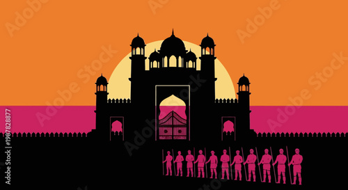 Silhouette of the taj mahal with figures against a vibrant sunset