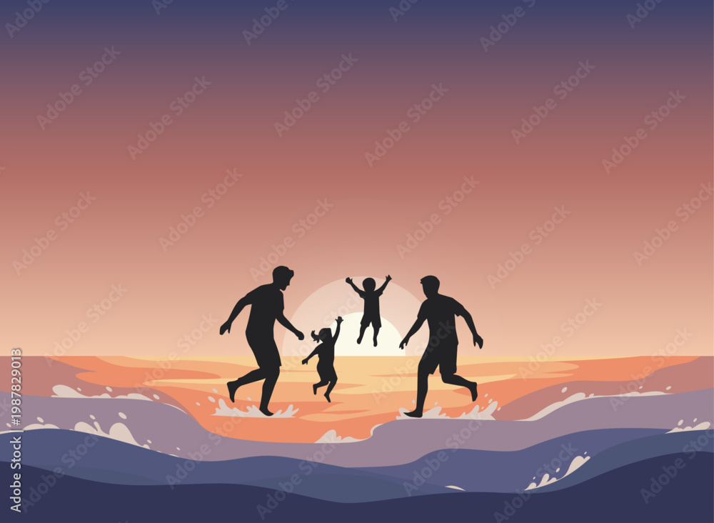 Fototapeta premium Family Silhouette at Sunset with Modern Gradient Sky – Minimalist Beach Scene, Warm Color Palette, Ocean Waves, Happy Lifestyle Concept, Clean Vector Illustration