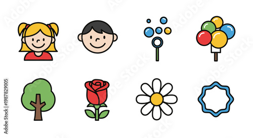 Colorful cartoon icons depicting children flowers trees and balloons