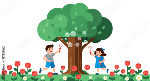 Children blowing bubbles under a lush green tree with blooming flowers