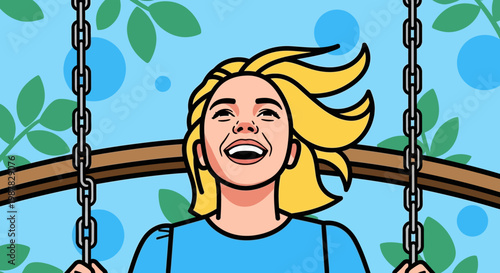 Joyful young woman swings high enjoying a carefree summer moment