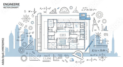 Architectural Blueprint Design with Engineering Formulas and City Skyline.