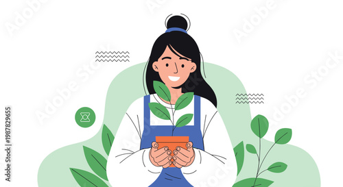 Smiling young woman in a blue apron carefully holds a small potted plant with green leaves against a backdrop of minimalist botanical patterns.