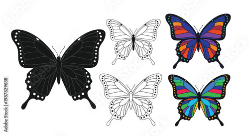 Compilation of five butterfly designs showcasing various artistic styles including solid black silhouette, line outlines, and vibrant colored versions.