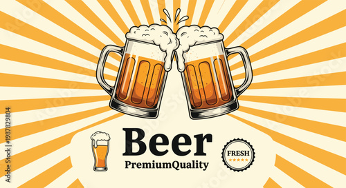 Two large glass mugs filled with foaming golden beer clink together in a celebratory toast against a retro yellow sunburst background with text.