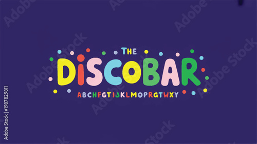A colorful logo design for the disco bar features vibrant letters and dots on a dark background