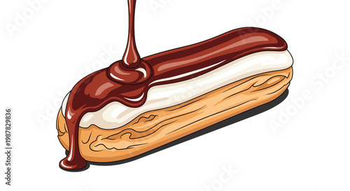 Delicious pastry eclair with white cream filling is being drizzled with a stream of smooth melted dark chocolate from above on a white background.