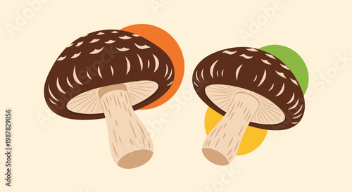 Two brown shiitake mushrooms with characteristic patterns on their caps are arranged against a background of orange, green, and yellow circles.