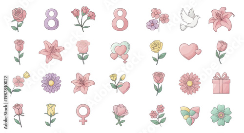 8 March Women's Day Icons: Flowers, Hearts, Dove, Female Symbol, Gift Box