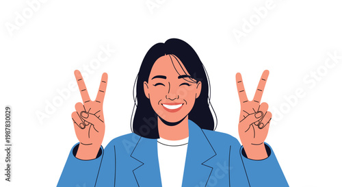 Cheerful young woman in a blue jacket smiles making V-shaped peace signs with both hands against a plain white background for positive vibes.