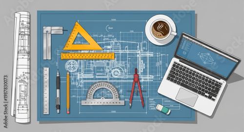 Architectural Blueprint Tools and Laptop.