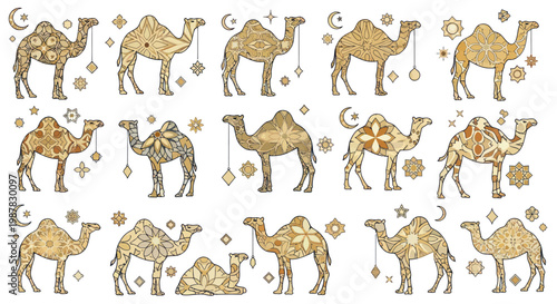 Decorative Camel Illustrations with Oriental Patterns, Arabian Desert Theme