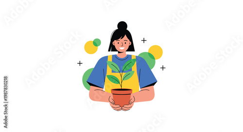 Smiling female gardener in a blue shirt and yellow apron holds a small potted plant against a background of colorful circles.