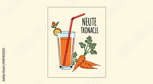 Refreshing glass of carrot juice with a red straw stands next to whole carrots on a light background for healthy lifestyle themes.