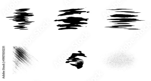 Set of Black Ink Brush Strokes and Textures on White Background