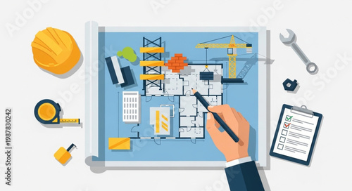 Architectural blueprint with construction tools and hand drawing.