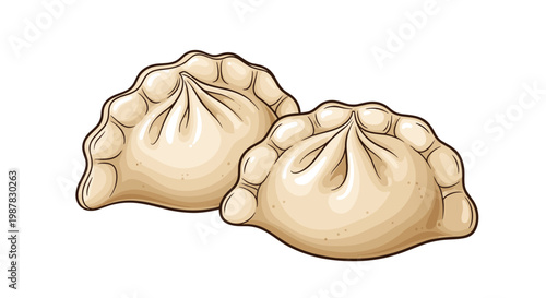 Two delicious steamed dumplings are shown as an illustration of traditional asian cuisine and savory snack food items.