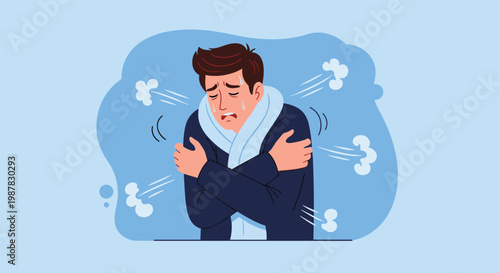 Sick man shivering from cold wears a scarf and wraps his arms around himself while blue clouds of cold air surround him.